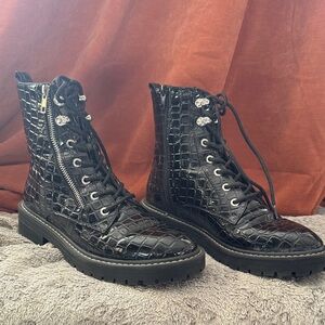 Steve Madden Black Crocodile-Embossed Lace-Up Boots